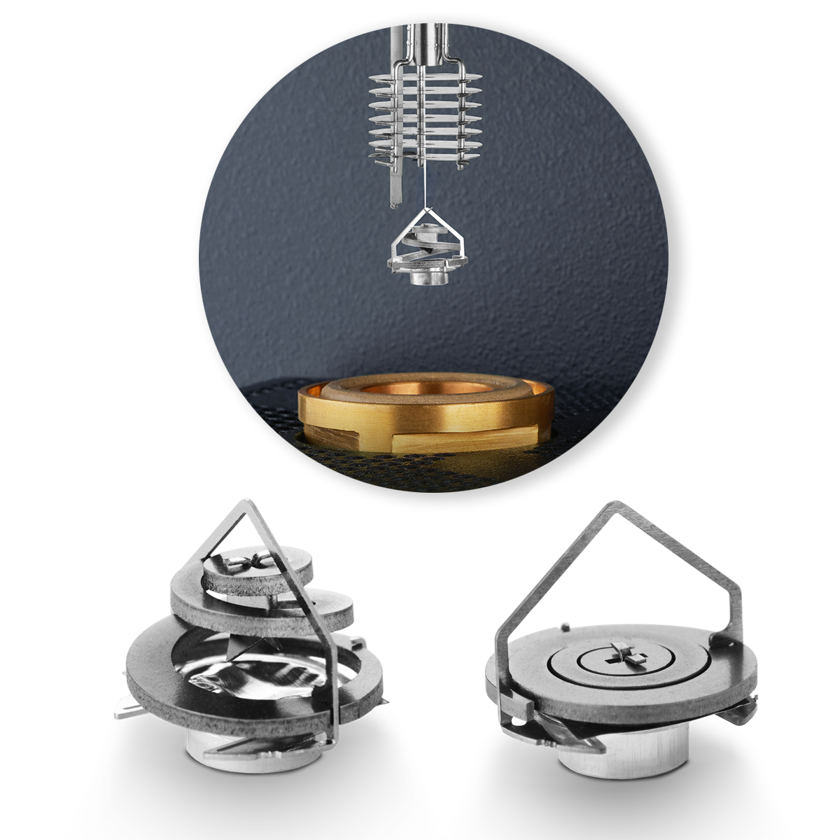 Nouhun Instruments TGA Smart-Seal™ Pans sealed (bottom left), opened (bottom right), and in the sample holder (top) prior to entering the TGA.